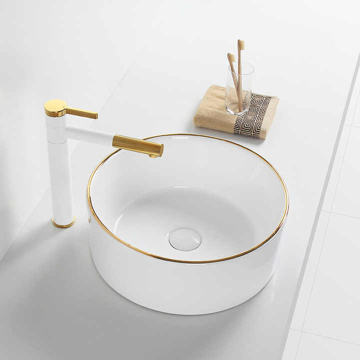 Round Ceramic Vessel Sink – White with Gold Trim 2616BG