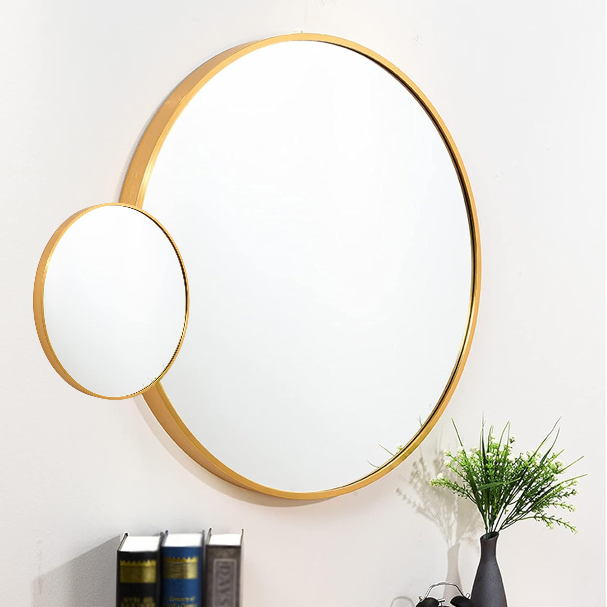 Pure Bath Large and Small Round Gold Frame Detailed Mirror 26"+10"