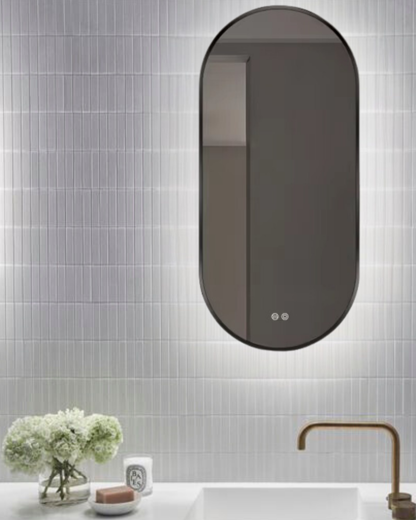 LED Touch Button Control Bathroom On-Wall Oval Black Frame Mirror