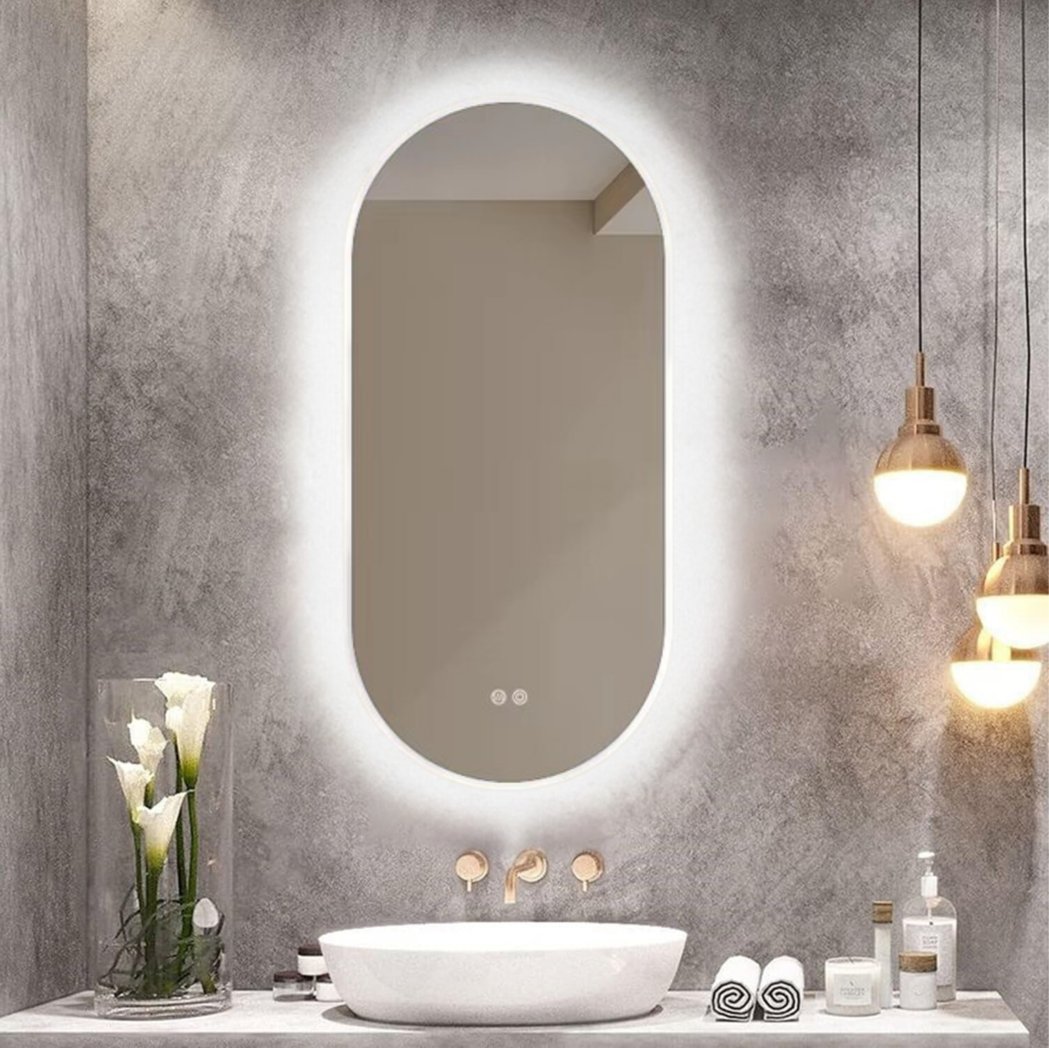 LED Touch Button Control Bathroom On-Wall Oval Chrome Frame Mirror