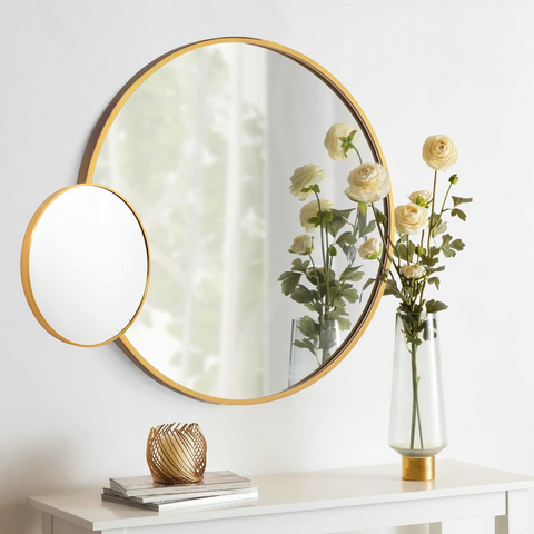 Pure Bath Large and Small Round Gold Frame Detailed Mirror 26"+10"