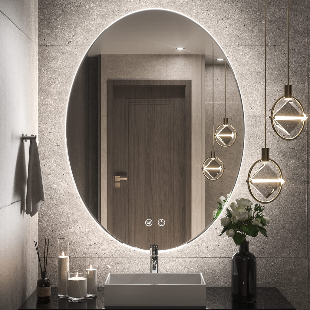 Pure Bath LED Anti-Fog Touch Sensor Bathroom On-Wall Oval Frameless Mirror