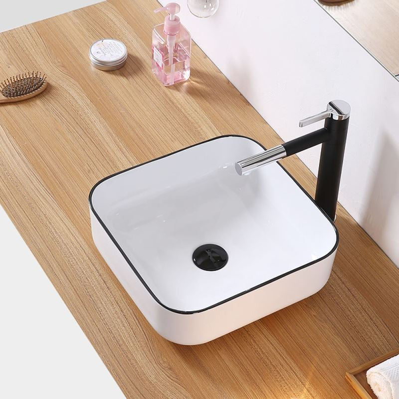 Square Ceramic Vessel Sink – White with Black Rim 2258WB